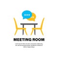 Conference meeting room, board flat icon. Office desk, chairs with a speech bubble. Vector on isolated white background. EPS 10