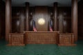 Conference room, American court, judge`s seat. 3D illustration, 3D rendering Royalty Free Stock Photo