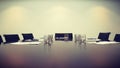 Conference room with arranged water glass and documents at table