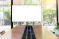 Conference room with blank, empty TV screen. Monitor mock up. Business meeting room with LCD screen for presentation, advertising Royalty Free Stock Photo