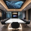 A conference room with interactive, collaborative surfaces and futuristic meeting technology2