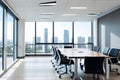 Conference room with meeting table and chairs and panoramic city view, 3D Rendering Royalty Free Stock Photo