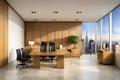 Conference room with meeting table and chairs and panoramic city view, 3D Rendering