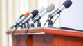 Conference room microphones press briefing Royalty Free Stock Photo