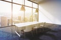 A Conference Room In A Modern Panoramic Office With New York City View. White Table, White Chairs And Two White Ceiling Lights. 3D