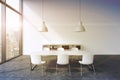 A conference room in a modern panoramic office in New York. White table, white chairs, two white ceiling lights and a bookcase. 3D