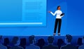 Conference or scientific seminar. Woman performing on stage in front of an audience in the hall. Business lecture, event