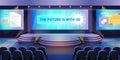 Conference stage. Event hall. Auditorium seats. Empty podium on corporate or science convention. Presentation screen in Royalty Free Stock Photo