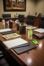 conference table with notebooks, pens, and refreshments