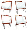 Conference whiteboard stand in retro style. Vintage wooden empty paint boards, wood clear canvas frames, presentation Royalty Free Stock Photo