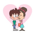 Confess to Your Crush cartoon illustration. Girl whispering into boy`s ear and tells him about her feelings. Valentines day