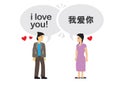 Confession of a couple in different languages. Concept of foreign communication or multiracial relationship