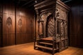 confessional booth with ornate wooden carving