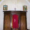 Confessional a Room that Keeps the Secret of Confession. A Wooden Confessional With a Red Velvet Curtain in Calabria, Southern