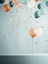 Confetti in the air and colorful party balloons floating against blue wall. Modern pastel cyan background. Generative AI Royalty Free Stock Photo