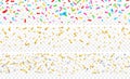 Confetti banner. Gold silver colorful falling particles on transparent background. Festive celebration, birthday