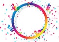 Confetti celebration, ribbons and paper scatter falling with circular ring spectrum rainbow frame using for holidays concept on Royalty Free Stock Photo