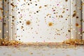 Confetti explosion in a celebration. Gold confetti falls onto a white background. Columns are surrounding the scene. Party or