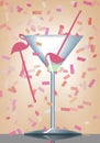 Confetti falls as a nearly empty martini glass has pink flamingo swizzle sticks inside and hanging on the edge of the glass to sig Royalty Free Stock Photo