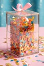 confetti-filled transparent gift box for a festive surprise