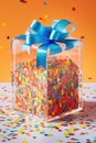 confetti-filled transparent gift box for a festive surprise