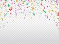 Confetti flying on transparent background. Colorful confetti frame. Party backdrop. Bright color festive tinsel. Holiday