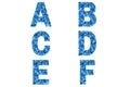 Confetti font Alphabet a, b, c, d, e, f made of blue confetti background.