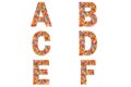 Confetti font Alphabet a, b, c, d, e, f made of colored confetti background.