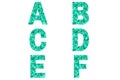 Confetti font Alphabet a, b, c, d, e, f made of mint confetti background.