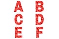 Confetti font Alphabet a, b, c, d, e, f made of red confetti background.