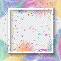 Tropical palm leaves picture frame and Confetti festive card blank page template festival sign