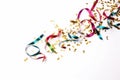 Confetti glitter ribbons falling on white background, Generative AI