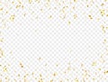 Confetti golden frame on transparent background. Falling glowing gold confetti. Bright festive tinsel. Party backdrop