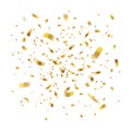 Confetti golden. Gold tinsel explosion foil and ribbons, realistic yellow glitter serpentine. Carnival and grand opening