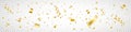 Confetti on long background. Anniversary celebration banner. Falling shiny gold confetti. Bright golden festive tinsel Royalty Free Stock Photo