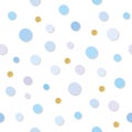 Confetti polka dot seamless pattern background. Golden glitter and light blue. For birthday, baby shower design.