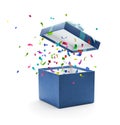 Confetti popping out from blue gift box Royalty Free Stock Photo