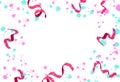 Confetti, ribbons with ink splatter scatter celebration party holiday season colorful pastel concept on white abstract background