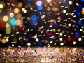 Confetti sparkles as it falls against a bokeh lights background. generative AI Royalty Free Stock Photo