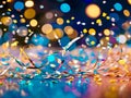 Confetti sparkles as it falls against a bokeh lights background. generative AI Royalty Free Stock Photo