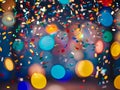 Confetti sparkles as it falls against a bokeh lights background. generative AI Royalty Free Stock Photo