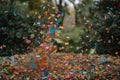 a confetti storm, with colorful paper flakes swirling in the air