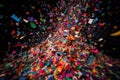 a confetti storm, with colorful paper flakes swirling in the air