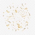 Confetti and streamer ribbon falling on transparent background. Falling shiny gold confetti. Bright golden festive tinsel. Party