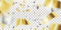 Confetti. Tinsel. Vector Festive Illustration of Falling Shiny Confetti Glitters Isolated on Transparent Checkered Royalty Free Stock Photo