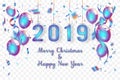 Confetti and Titanium rainbow ribbons celebration Merry Christmas and Happy New Year 2019 on transparent background as template