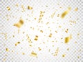 Confetti on transparent background. Falling shiny gold confetti. Bright golden festive tinsel. Party backdrop. Holiday