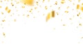 Confetti on white background. Realistic Christmas confetti. Falling yellow elements. Flying shiny tinsel. Anniversary