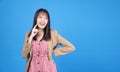 Confidence business positive Asian young woman thinking have good idea holding finger under chin while looking at copy space Royalty Free Stock Photo