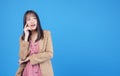 Confidence business positive young woman thinking have good idea holding finger under own chin while looking at copy space Royalty Free Stock Photo